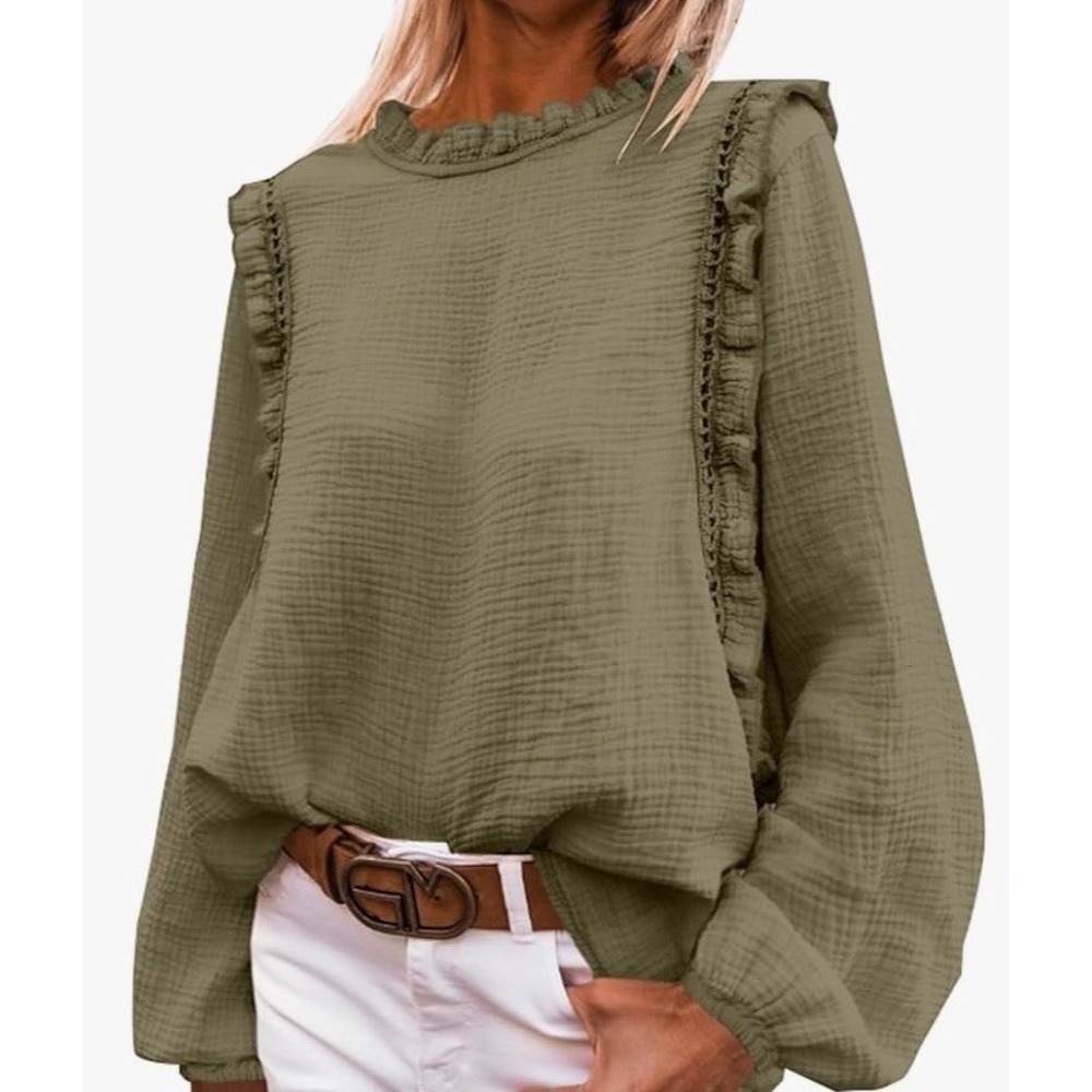 Pretty Garden Ruffle Shirt Women 2XL Green New Boho Crochet Lace Blouse C517